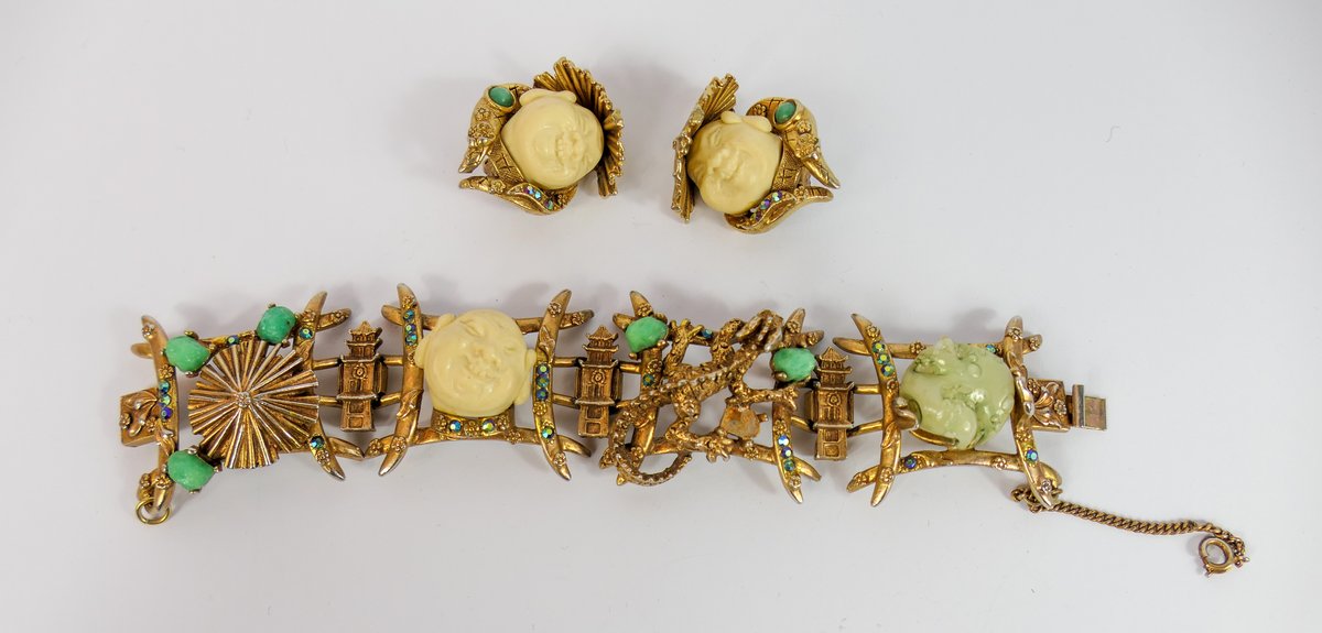 Laughing Buddha Bracelet and Clip Earrings