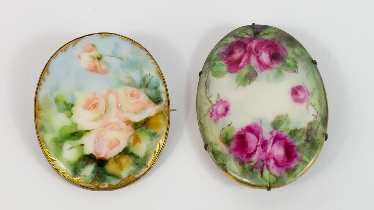 Two Hand Painted Porcelain Floral Brooches