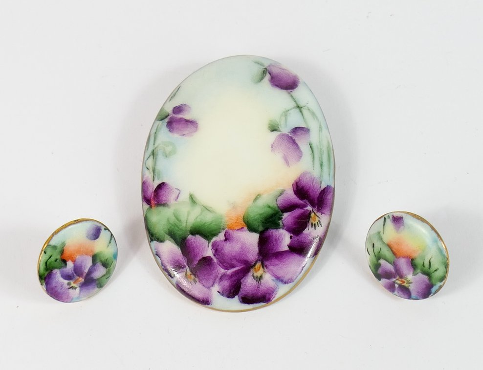Hand Painted Brooch and Matching Clip Earrings