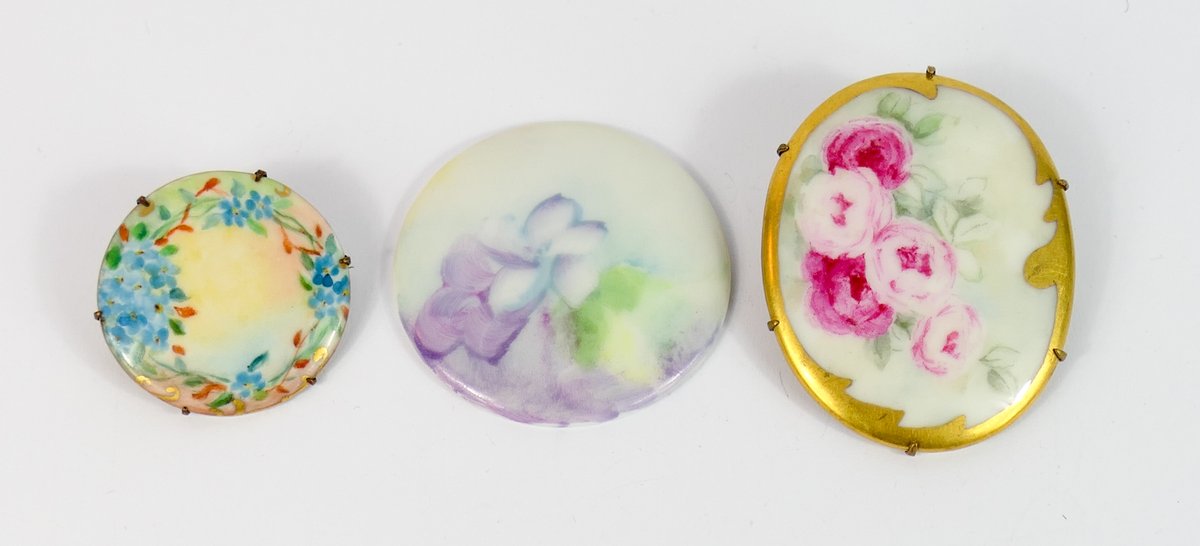 Three Floral Porcelain Brooches