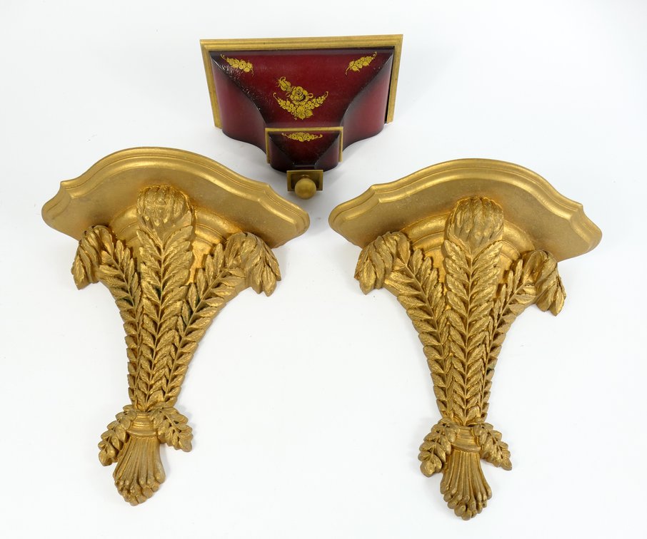 Three Gold Tone Wall Sconce Shelves