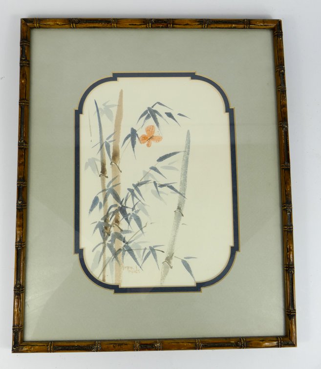 Wood Framed Watercolor Original of Bamboo and Butterfly