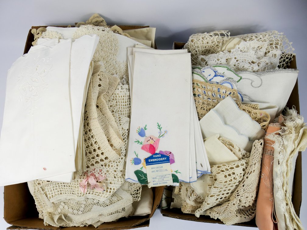 Two Boxes of Lace and Linens