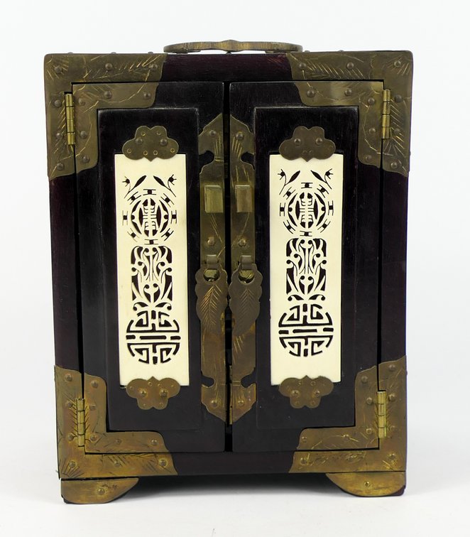 Chinese Table Top Double Blind Door Jewelry Box