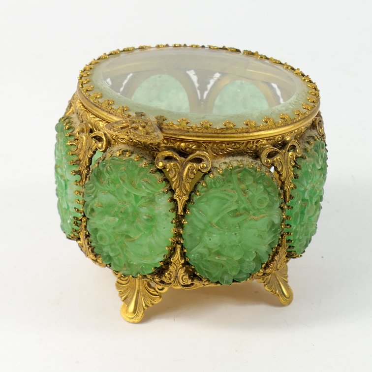 Stylebuilt Jade Art Glass Gilt Ormolu Style Jewelry Casket