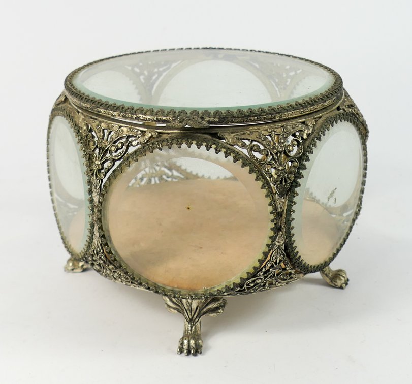 Stylebuilt Ormolu Gold Plated Filigree and Beveled glass jewelry Casket