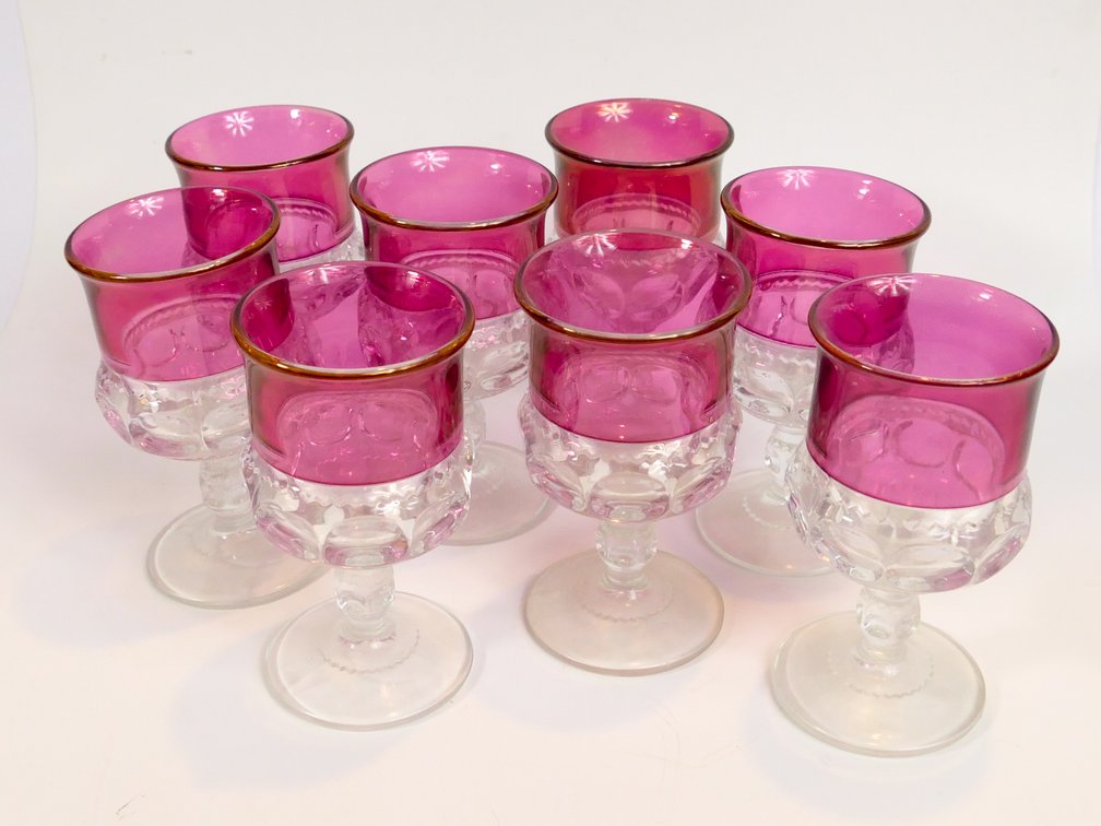 Eight Vintage King's Crown Thumbprint Ruby Red Goblets