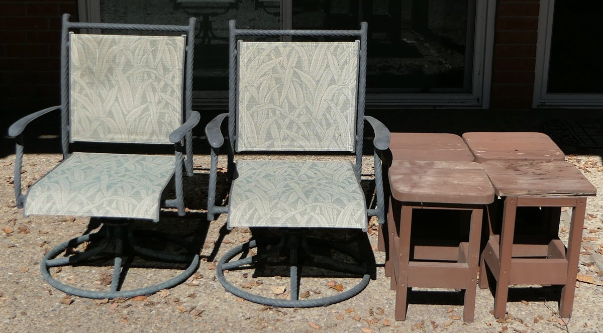 Two Bouncy Chairs and Wood Side Tables