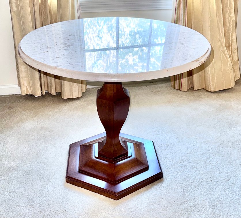Marble Table with Hexagonal Wooden Base