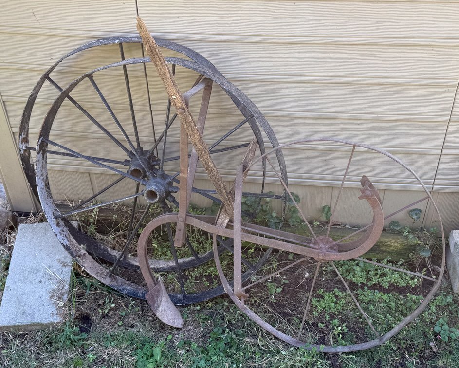 Antique Metal Wagon Wheels and Wheeled Garden Cultivator