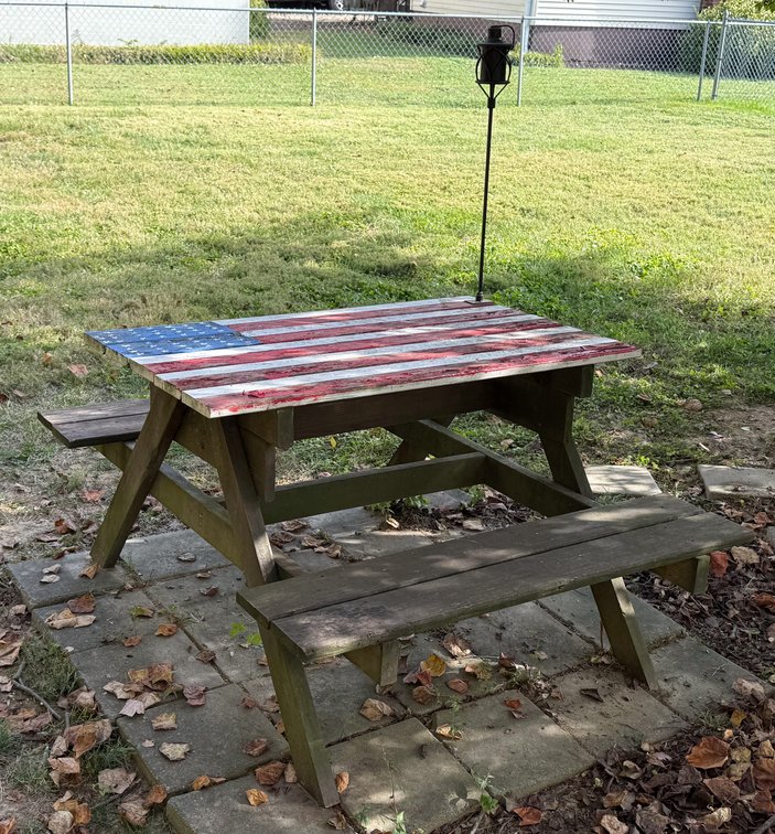 Wooden Picnic Table with American Flag Design