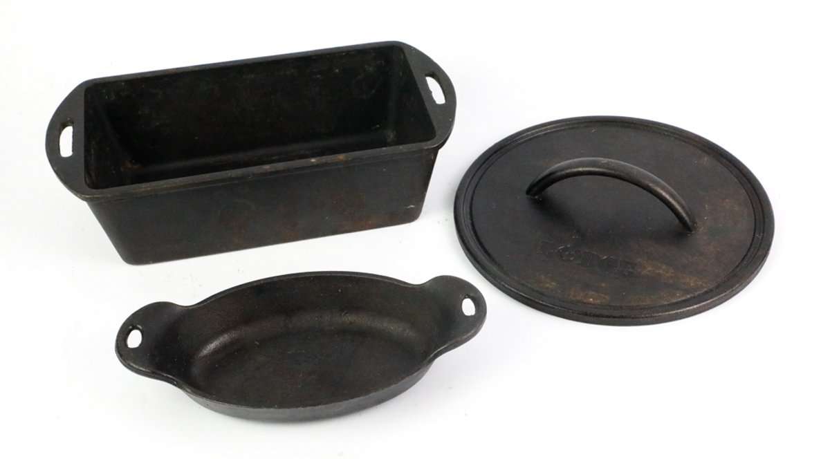 Lodge Cast Iron Loaf Pan, Au Gratin Dish, and Grill Press