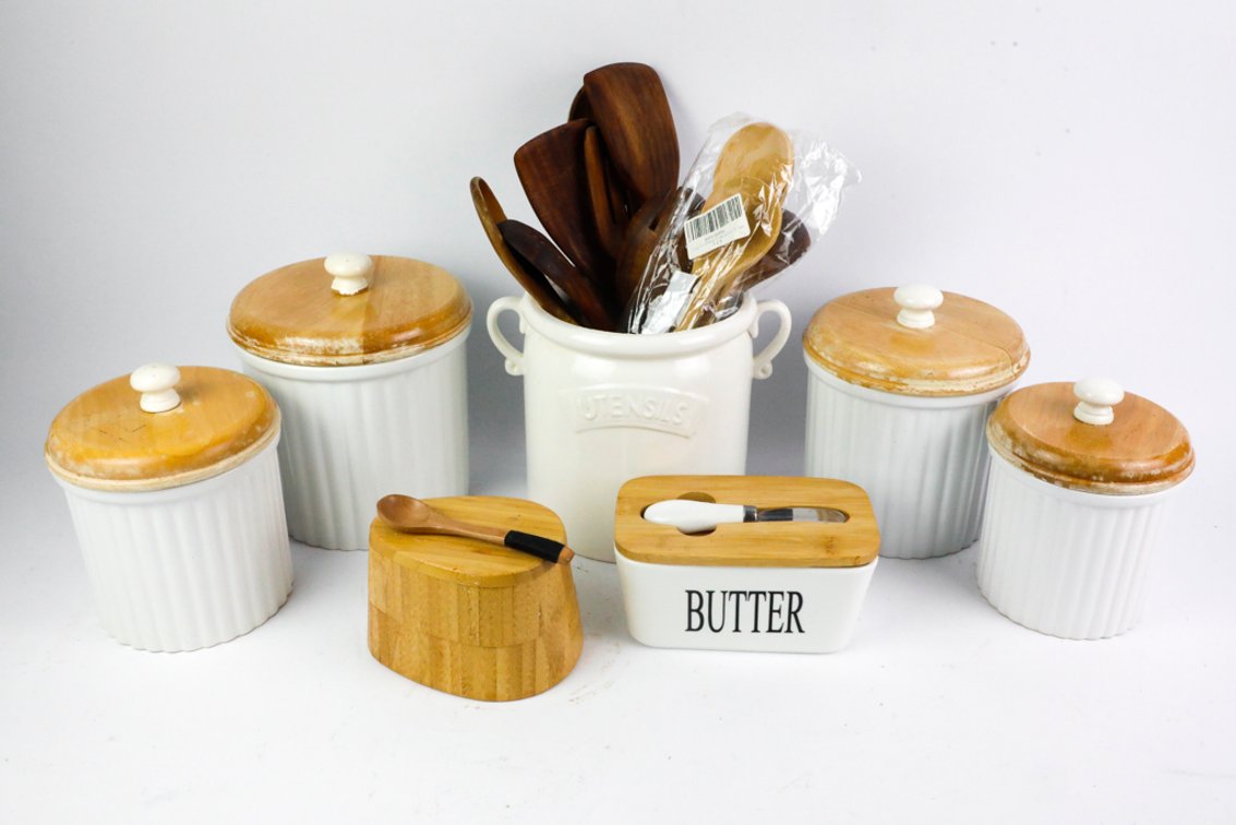 Wood and White Ceramic Kitchenware
