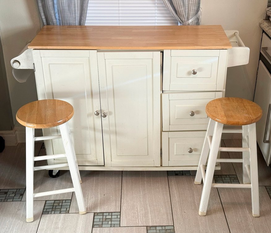 Oak Surface Roll-Around Kitchen Work Table with Two Stools