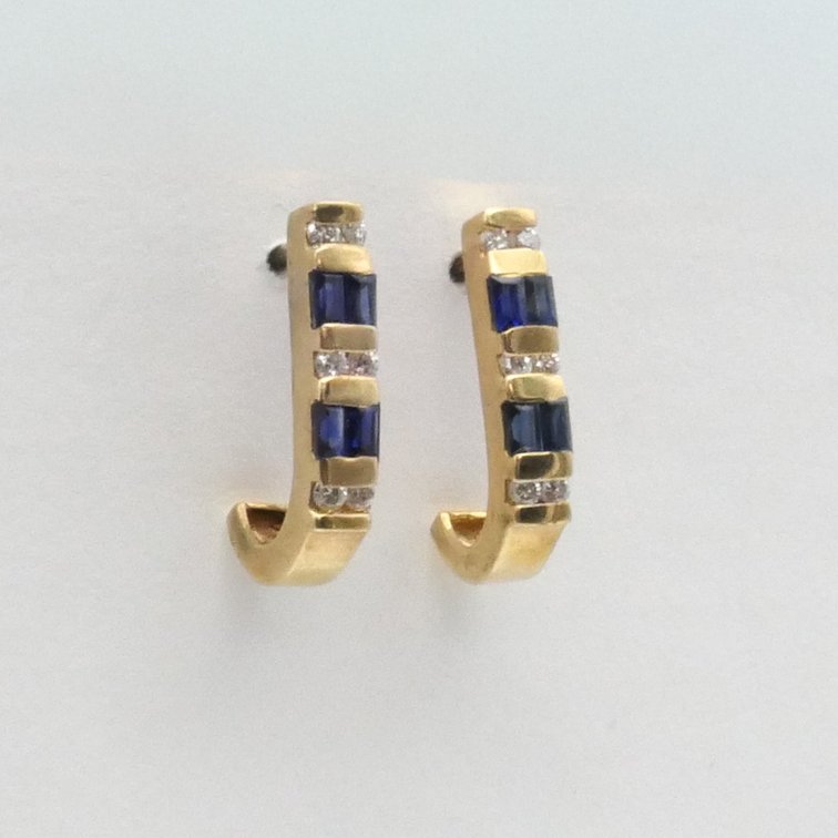 14k Gold Sapphire and Diamond J-Hoop Earrings