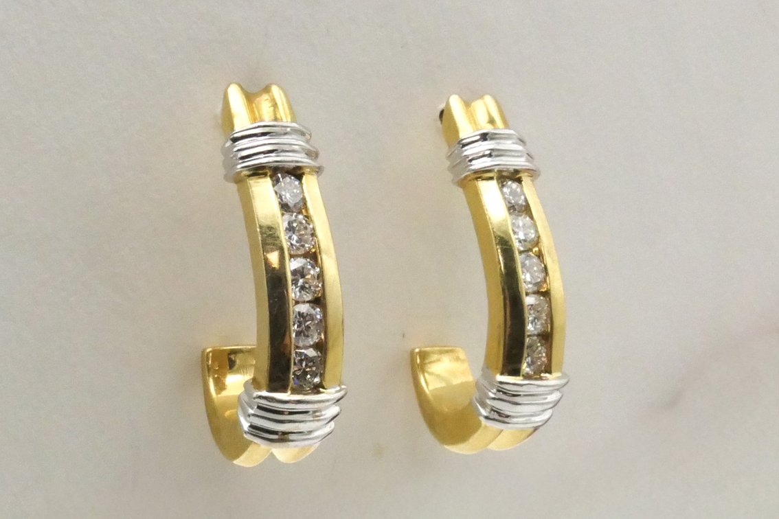14k Two-Tone Gold Diamond J-Hoop Earrings