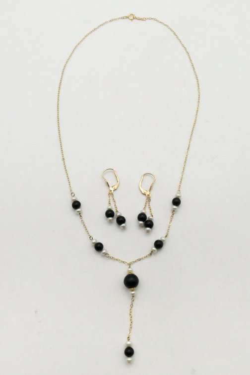 14k Gold Pearl and Onyx Bead Necklace and Earring Set
