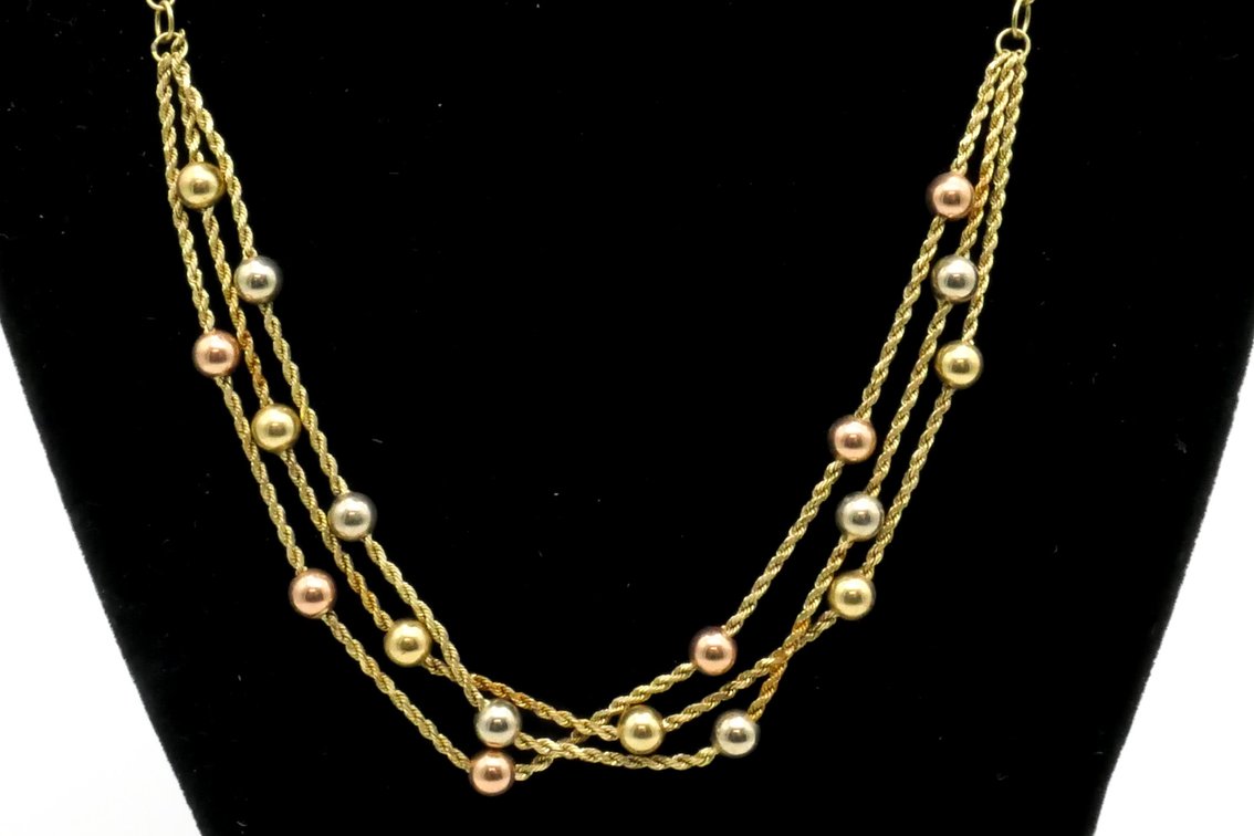 10k Gold Multi-Strand Necklace with Tri-Color Bead Accents