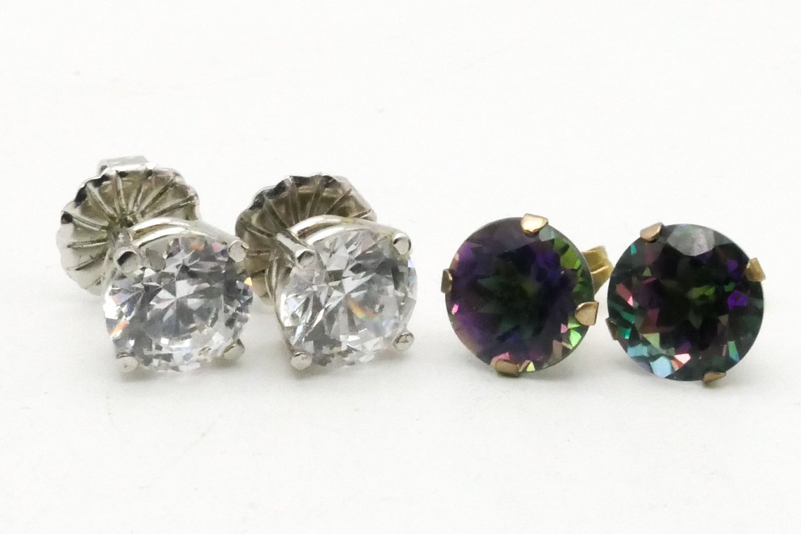 Two Pairs of Gold Stud Earrings with Gemstones