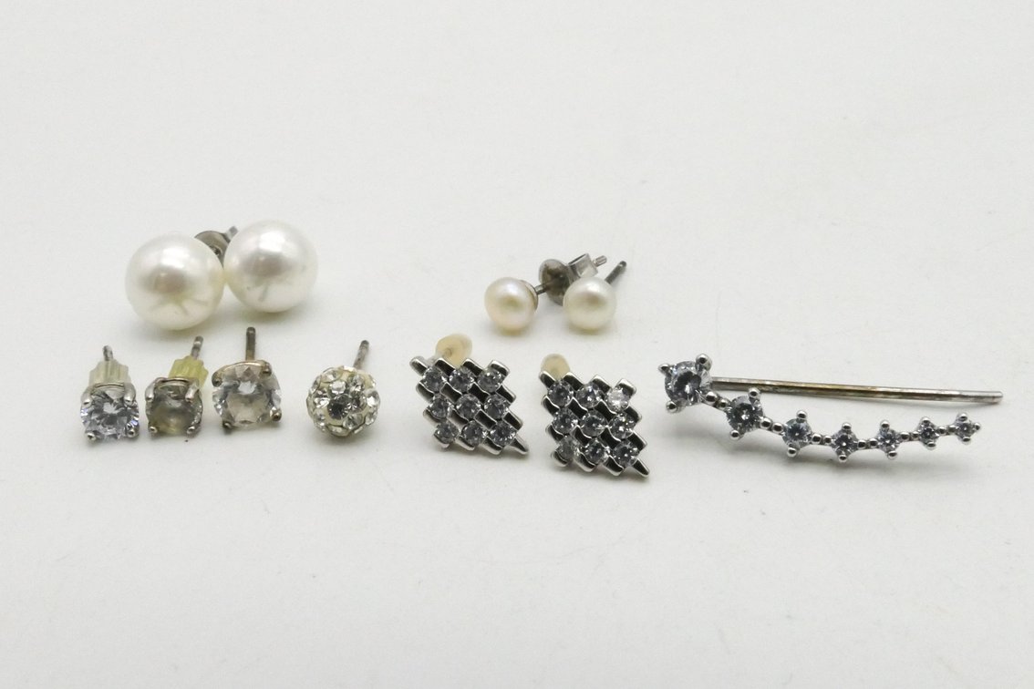 Sterling Silver Earrings with Pearls and Clear Stones