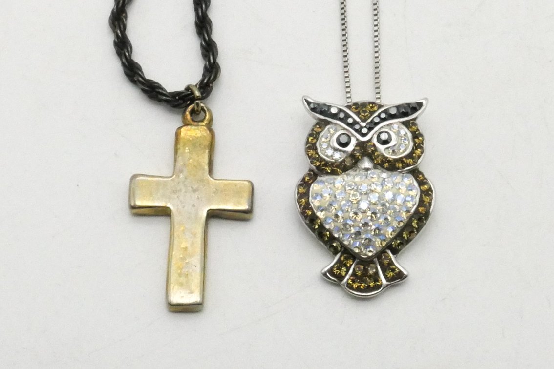 Two Sterling Silver Necklaces with Cross and Owl Pendants