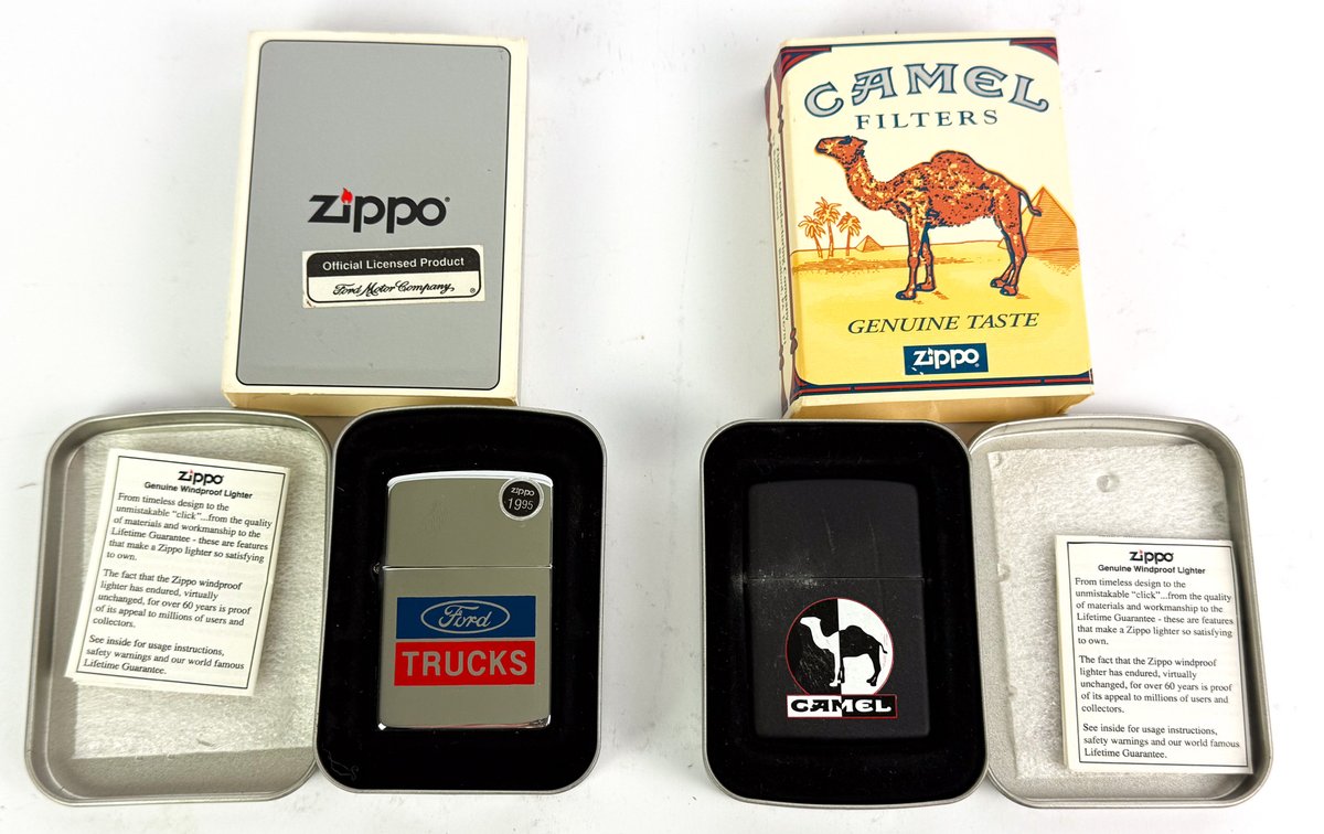 Two Zippo Advertising Lighters with Original Cases