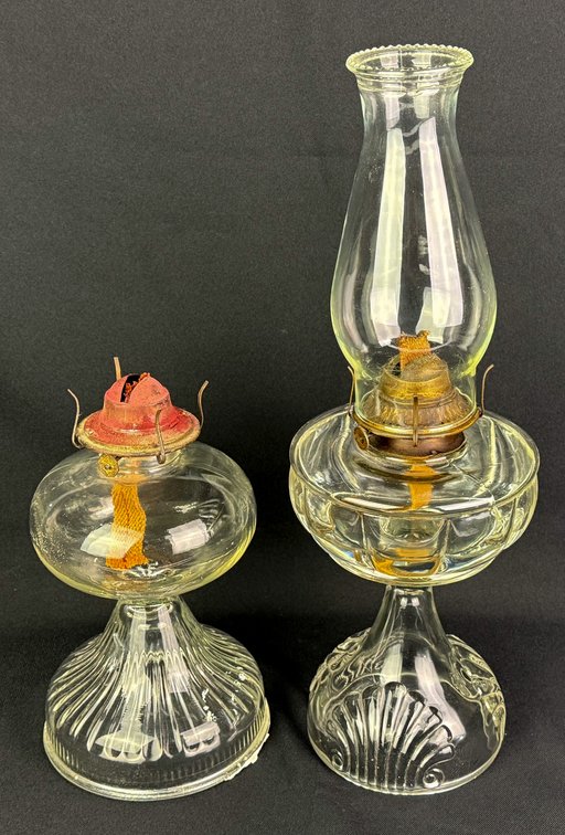 Two Clear Glass Oil Lamps