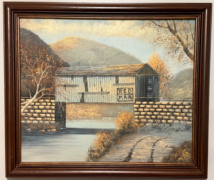 Signed Red Man Covered Bridge Landscape Painting on Canvas