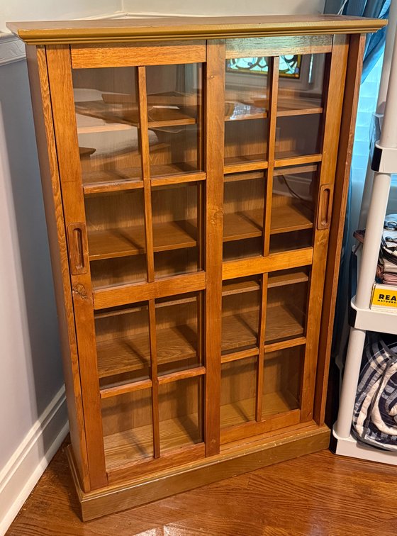 Oak Finish Double Sliding Door Curio Cabinet