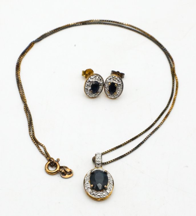 Sterling Sapphire and Diamond Pendant Necklace with Matching Earrings