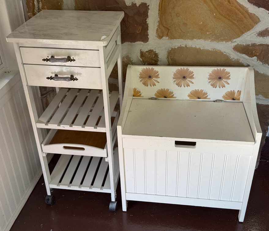 White Wooden Storage Chest and Rolling Kitchen Cart