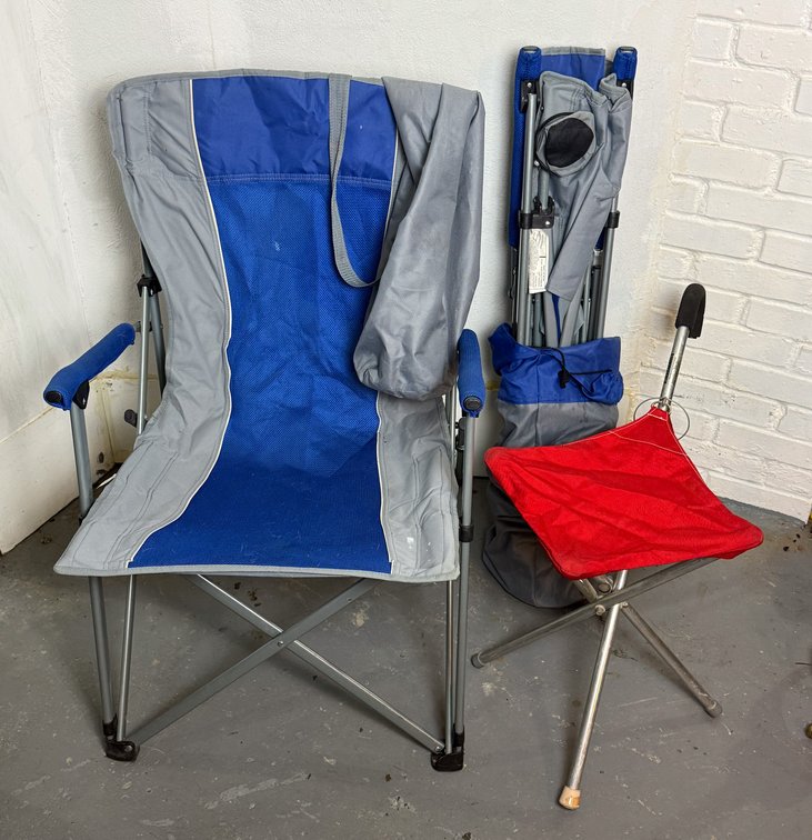 Two Folding Chairs and Folding Cane Chair