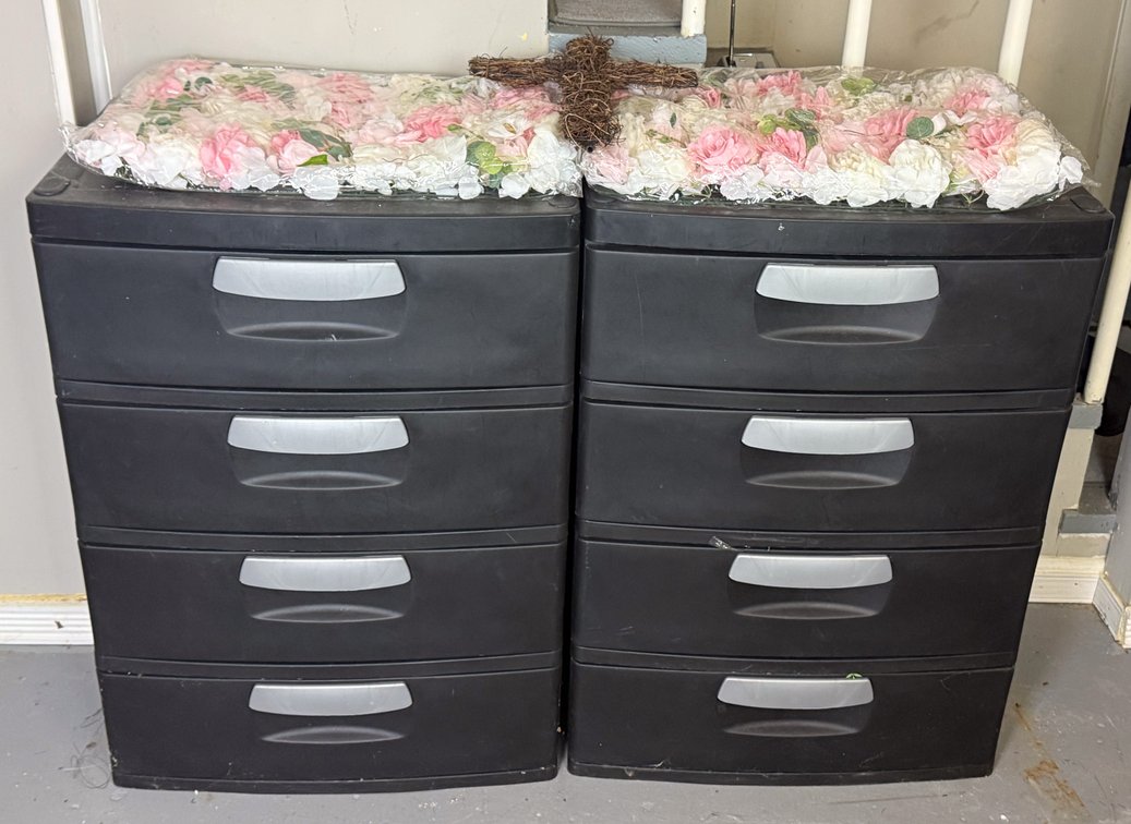 Two Sterilite Storage Drawers of Faux Flowers and Greenery