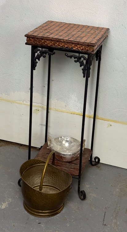 Penny Top Accent Table with Brass Bucket and Copper Bowls