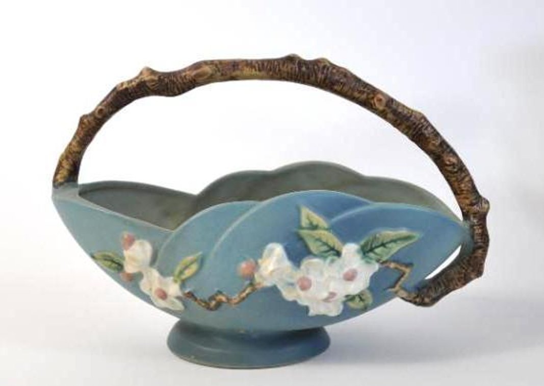 Blue Roseville Pottery Apple Blossom Basket