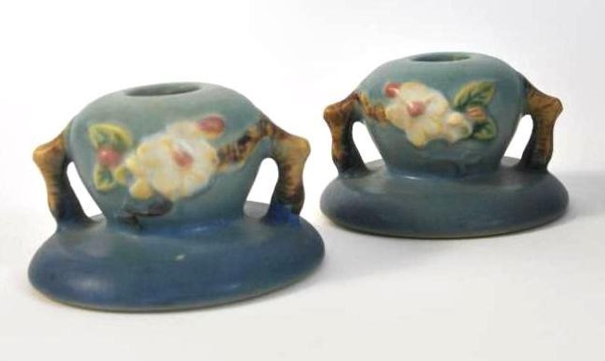 Pair of Blue Roseville Pottery Apple Blossom Candle Holders No 351
