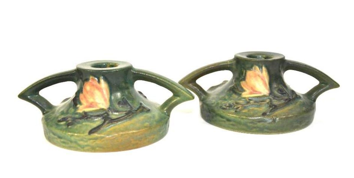 Roseville Pottery Candle Holders Green with Pink Clematis