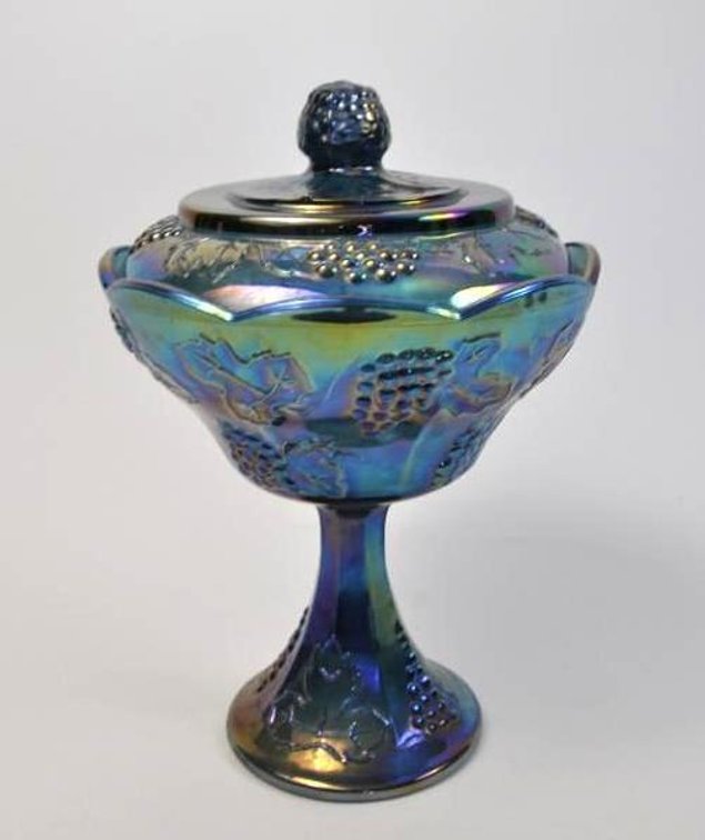 Iridescent Carnival Glass Compote Candy Dish with Lid