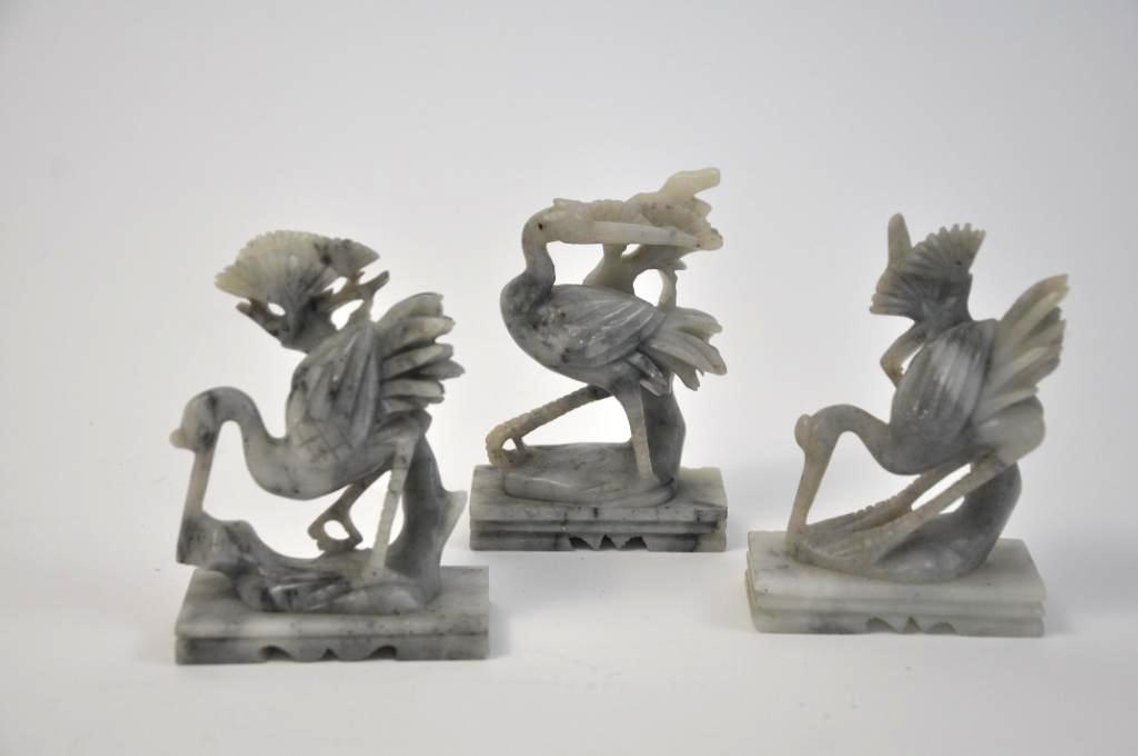 Set of Three White Carved Soapstone Stork Figurines