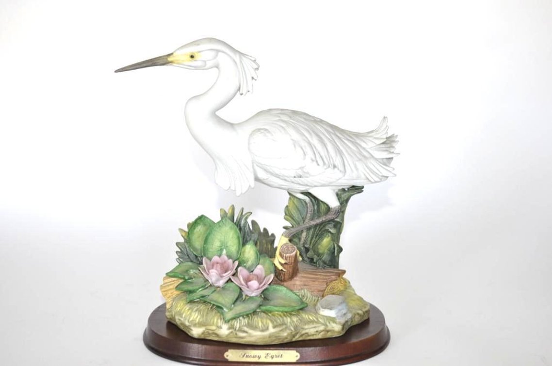 Ceramic "Snowy Egret" on Wood Base
