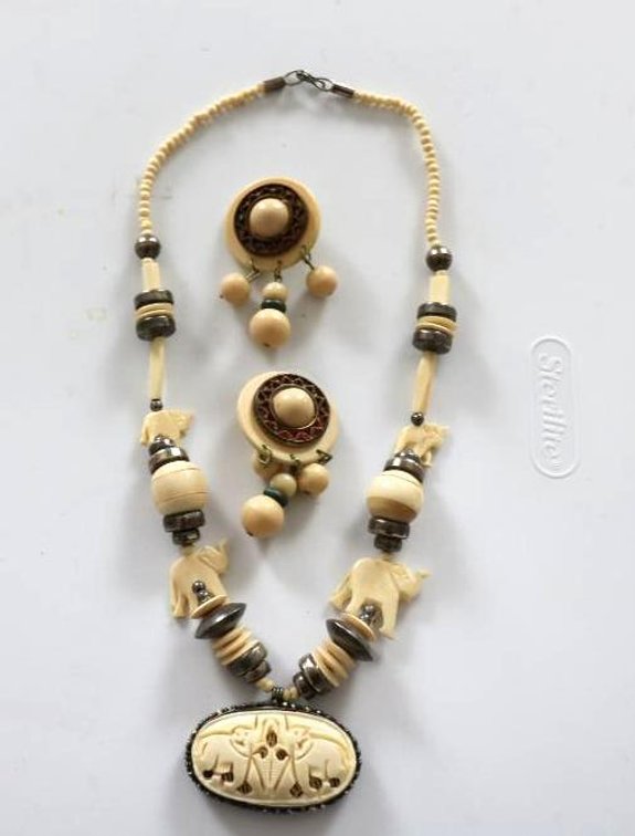 Carved Elephant Necklace with a Pair of Dangle Earrings