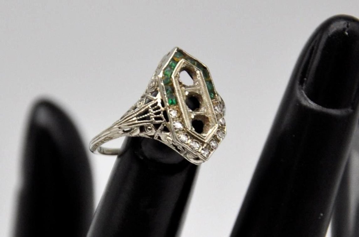 Antique Diamond and French-Cut Emerald Ring