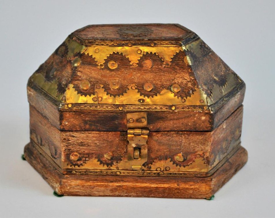 Six-sided Wooden Box with Brass Accents