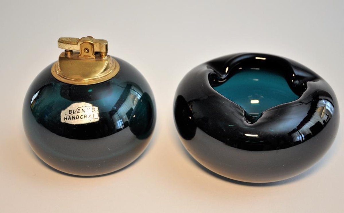 Cyan Glass Table Lighter and Ashtray by Blenko