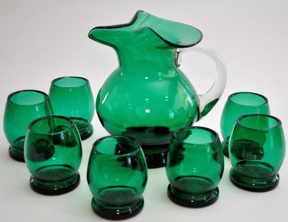 Green Glass Pitcher and Cups