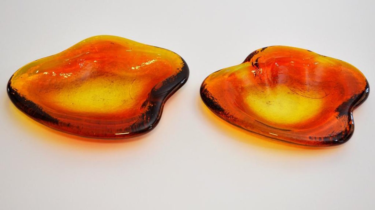 Two Amber Glass Amoeba Dishes by Blenko