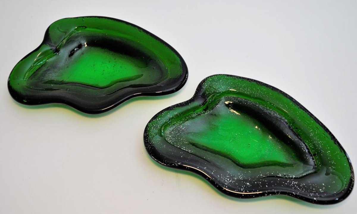 Two Green Glass Amoeba Dishes by Blenko