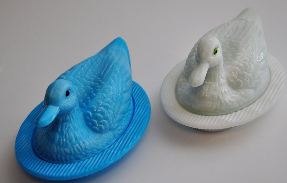 Two Westmoreland Slag Glass Ducks on Nest Dishes