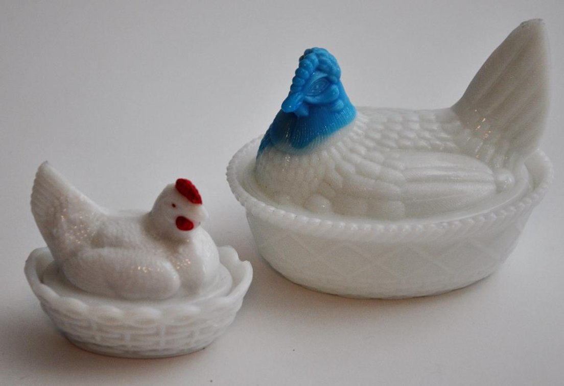 Two Westmoreland Slag Glass Hen on Nest Dishes