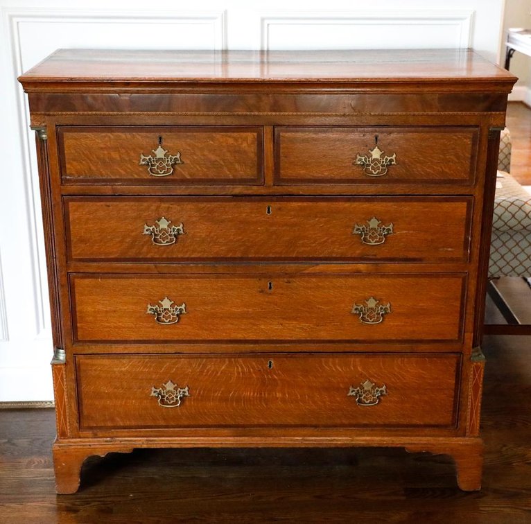 English Oak and Mahogany Five Drawer Chest